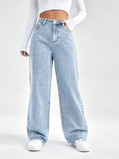 SHEIN EZwear Jean pour femmes ample à jambe droite avec poches, décontracté et polyvalent