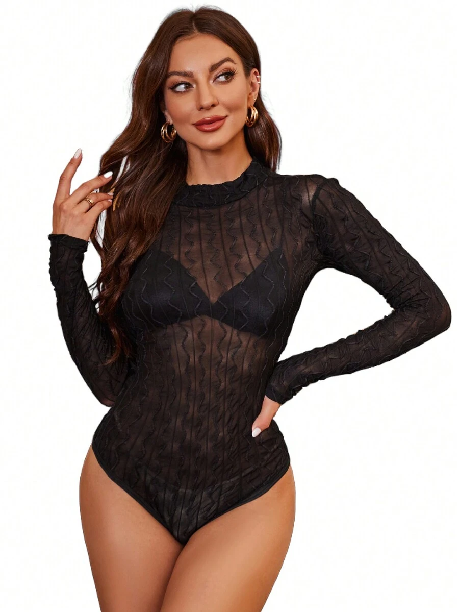 Black Sheer Mesh Wave Printed Long Sleeve Bodysuit - Black - View 1