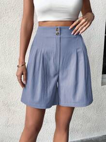 SHEIN LUNE 女士單色簡約日常鈕扣裝飾短褲 - 淺藍色 - 查看 1