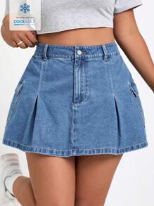 SHEIN EZwear Coolmax Plus Size Denim Workwear Pencil Skirt With Pocket - Medium Wash - View 1