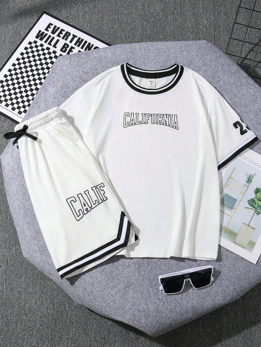 Ensemble de t-shirt à manches courtes et de shorts imprimés décontracté et ample pour garçon préadolescent - Blanc - Voir 1