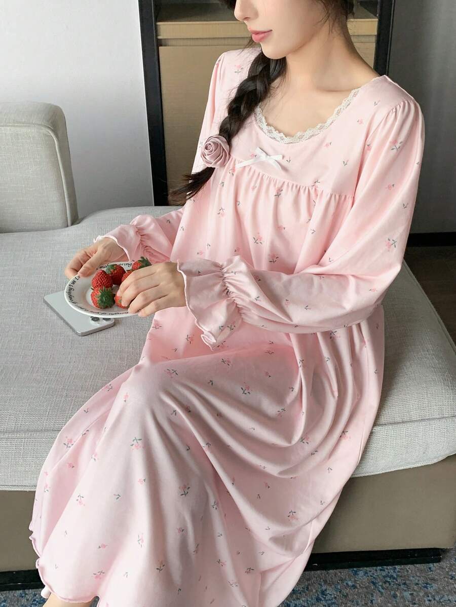 DAZY Lace Trimmed Butterfly Embellished Floral Nightgown With Ruffle Sleeves Pajama - Pink - View 1