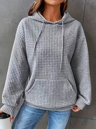 Loose Fit Pullover Hooded Waffle Grid Sweatshirt With Long Sleeves, Autumn
