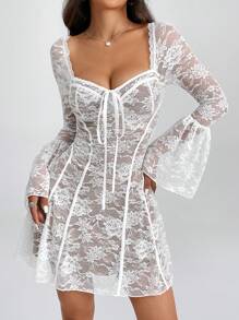 SHEIN PETITE 復古蕾絲甜心領蓬蓬袖連身裙