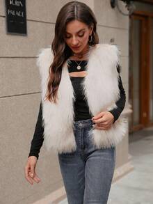 Women Solid Color Fashion Faux Fur Vest For Spring And Autumn - Beige - View 5