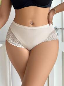 Plus Size Women's Solid Color Contrast Lace Triangle Panties - Beige - View 4