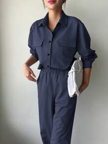 DAZY 2pcs/Set Women Business Casual Solid Color Shirt And Pants Suit,Fall Clothes