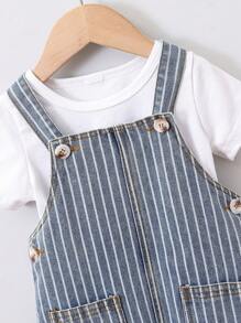 SHEIN Overol sin camiseta de mezclilla para bebé niño con rayas y bolsillos dobles - Azul lavado oscuro - Ver 4