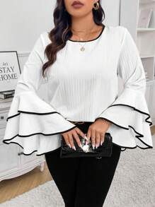 Elenzga Plus Size Women's Elegant Shirt With Hemmed Round Neck, Ruffle Trim And Flared Sleeves, Spring/Summer Fall Cloth For Women - White - View 1