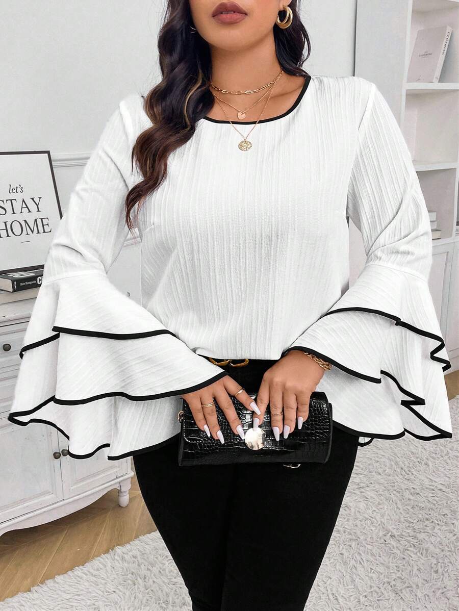 Elenzga Plus Size Women's Elegant Shirt With Hemmed Round Neck, Ruffle Trim And Flared Sleeves, Spring/Summer Fall Cloth For Women - White - View 1