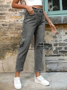 EMERY ROSE Zipper Fly High Waist Ripped Jeans Winter Casual - Grey - View 3