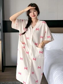 DAZY 蝴蝶结印花双口袋开襟家居睡袍睡衣 - 粉色 - 查看 3