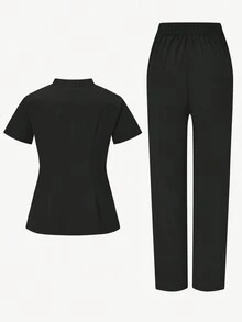 SHEIN TaskFit Ensemble uniforme de pantalon long et chemise à manches courtes simple de couleur unie pour grande taille, à zip au col, uniforme et blouse pour grande taille - Noir - Voir 2