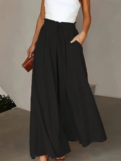 Women's Casual Solid Color Wide Leg Pocket Pants