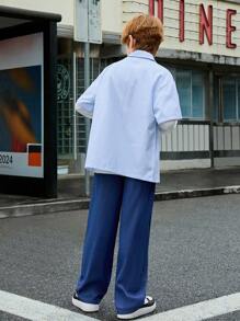 SHEIN Tween Boys Plaid Print Shirt & Solid Sweatshirt & Pants For Spring & Autumn