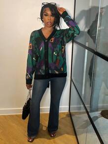 Slaydiva Lässiger Herbst- und Winter-Feenwald-Sweatshirt-Kartigan mit V-Ausschnitt, langen Ärmeln, dekorativen Knöpfen, lockere, Off-Shoulder Passform- für Frauen - Verschiedenfarbig - Übersicht 3