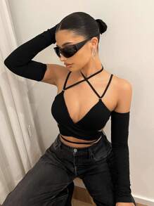 SHEIN ICON 女士夏季性感瘦身包覆式十字交叉綁帶可拆卸袖頭上衣 - 黑色 - 查看 6
