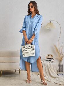 Ladies'summer Casual Denim Effect Roll-Tab Sleeve Button-Front Shirt Dress - Blue - View 3