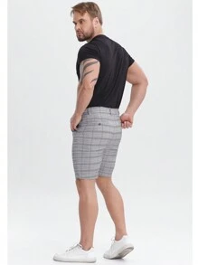 Pantalones cortos de vestir ajustados, elásticos, a cuadros, resistentes a las arrugas para hombre - Gris Claro - Ver 2