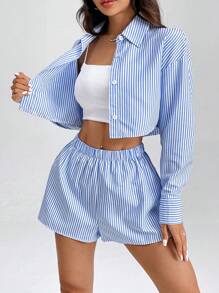 SHEIN PETITE 女士长袖条纹衬衫和短裤两件套 - 藍白色 - 查看 6