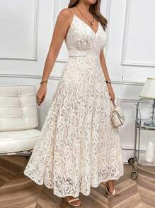 SHEIN Clasi 女士蕾丝细肩带 A 字形连衣裙，后系带，收腰，超长款女装 - 杏色 - 查看 1