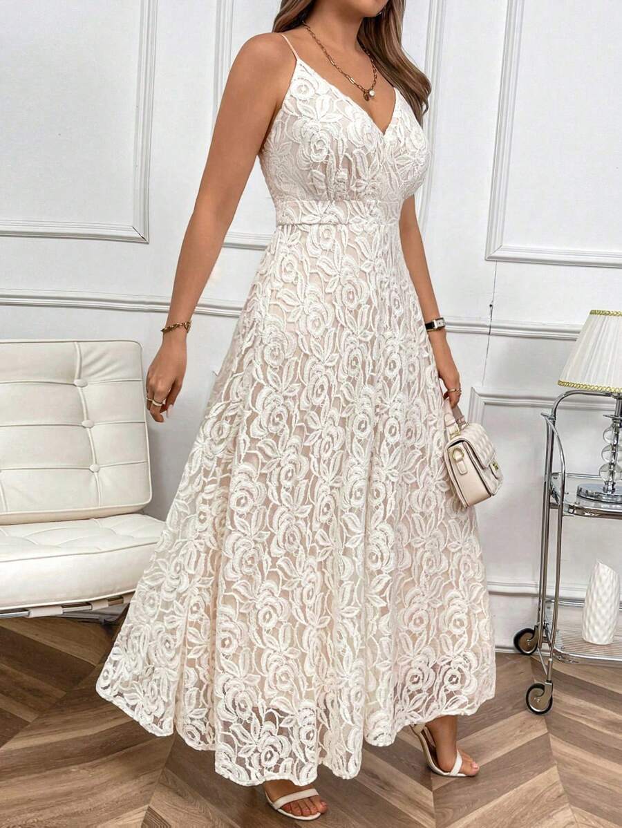 SHEIN Clasi 女士蕾丝细肩带 A 字形连衣裙，后系带，收腰，超长款女装 - 杏色 - 查看 1