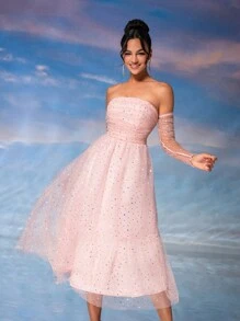 SHEIN Belle 褶皺網紗面料，層次搭配的女裝雞尾酒會派對禮服 - 粉色 - 查看 6