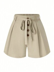 SHEIN LUNE Plus Button Front Belted Shorts - Apricot - View 1
