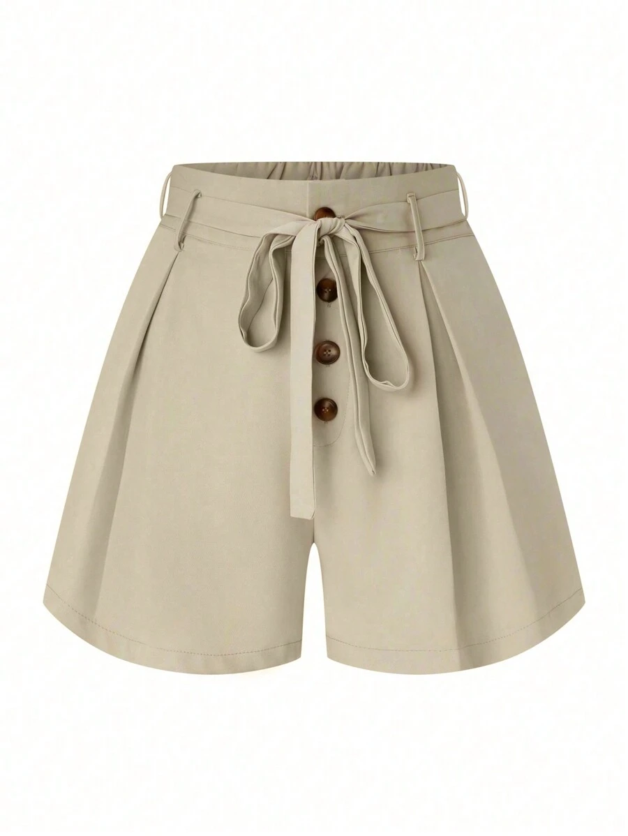 SHEIN LUNE Plus Button Front Belted Shorts - Apricot - View 1