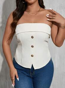 SHEIN Privé Plus Size Women's Elegant Gathered Waist Tube Top, Suitable For Afternoon Tea, Commuting, Dating, Party, Banquet, Back To School, Metal Buckle, Pleated, Slimming, Textured Fabric Top - Apricot - View 6