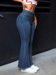 SHEIN PETITE 女性休閒喇叭牛仔褲，帶鑲嵌口袋和破邊設計 - 中等水洗藍 - 查看 6