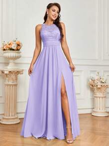 SHEIN Belle Sleeveless Round Neck Lace Insert Bridesmaid Dress With Back Zipper And Side Slit, A-Line, Adult Size Elegant Dress, For Valentine's Day - Violet Purple - View 7
