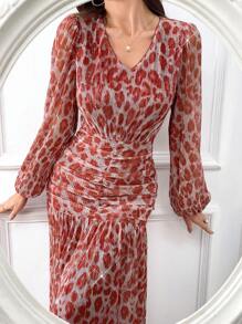 Modelyn Burgundy Red Women's Summer Fashion Leopard Print Lantern Sleeve Ruched Long Dress - Burgundy - View 1