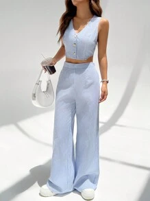 SHEIN EZwear 女款條紋寬鬆背心和寬褲套裝 - 藍色 - 查看 1