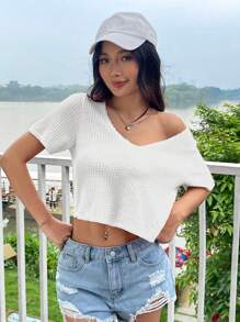 SHEIN EZwear Áo crop top dệt kim màu hồng nóng bỏng cho mùa hè - trắng - Xem 6