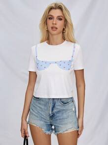 SHEIN Essnce Spring/Summer New Printed Bra Top Women's T-Shirt 2pcs Set, Best Friends - White - View 5