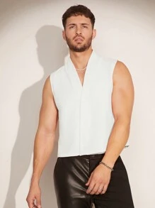 FeverCity 男士夏季純色V領無袖休閒襯衫