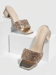 CUCCOO TILAWA Fashionable Shallow Gold Rhinestone Chunky Low Heel Sandals For Women For Spring And Summer - Gold - View 3