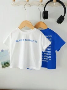 SHEIN 2 chiếc bé trai thể thao thông thường phong cách đường phố đi nghỉ mát in hình tiếng Anh áo thun ngắn tay cổ tròn thả dáng rộng rãi (1 xanh + 1 trắng), thích hợp mặc hàng ngày, đi học, du lịch, thể thao, Xuân/Hè - Màu xanh lam - Xem 8