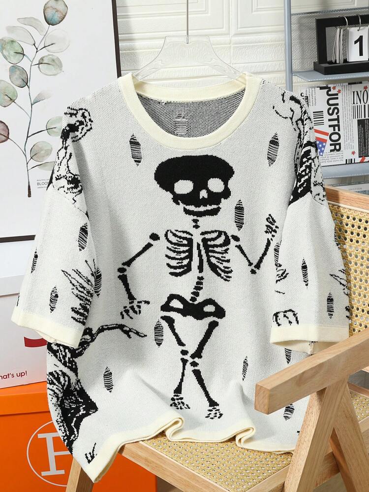 Men's Streetwear Skull Head Printed Round Neck Knit Sweater (Random Print) Graphic Men T Shirt