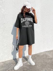 SHEIN EZwear Casual White California English Print Black Loose Crew Neck Short Sleeve Cropped Dress, Suitable For Summer & Sports Season, Cotton Blend - Black - View 4