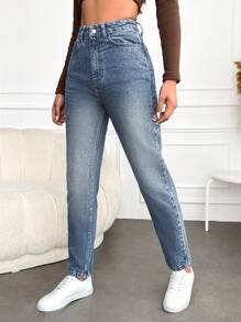 EURMUSE High Waisted Tapered Leg Jeans - Medium Wash - View 4
