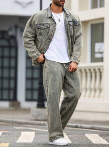 Manfinity Homme Ensemble de veste en jean décontractée et de pantalon long grande taille pour hommes, printemps / automne - Bleu canard - Voir 4