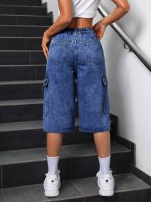 SHEIN EZwear Quần short denim ống rộng rộng thùng thình dành cho nữ bảo hộ lao động có túi, dài đến giữa bắp chân - Rửa tối - Xem 5