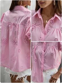 鏤空刺繡氣球袖鈕扣襯衫 - 粉色 - 查看 6