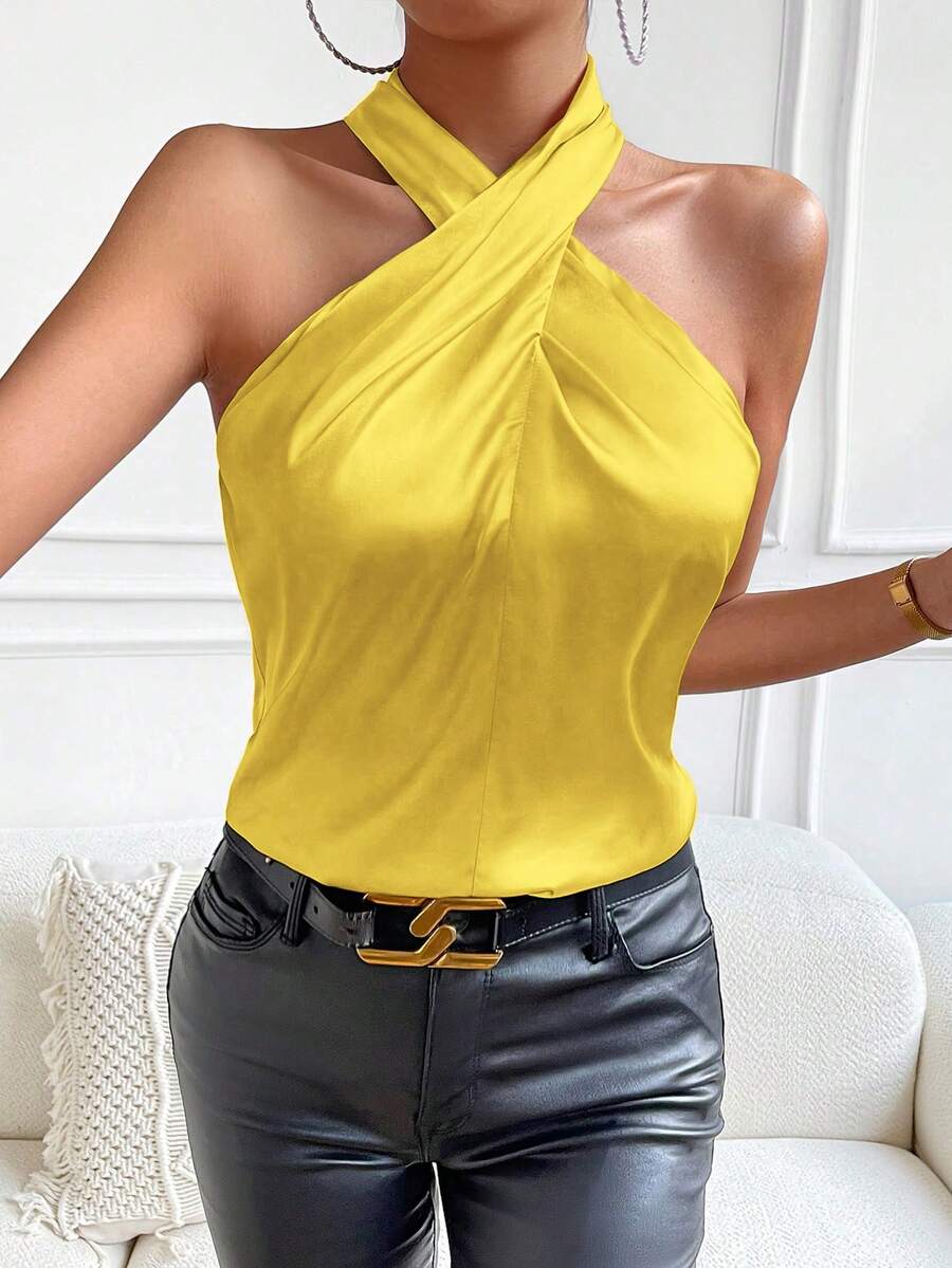 Chiquease Solid Criss Cross Halter Satin Blouse - Yellow - View 1