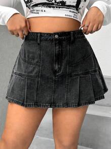 SHEIN ICON Plus Pleated Hem Denim Skirt