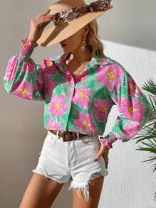 SHEIN VCAY 印花燈籠袖襯衫 - 彩色 - 查看 7