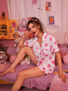 Women's Short Sleeve And Shorts Pajama Set With Smiling Face Pattern - White - View 3