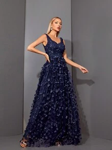 Mgiacy Mesh Floral Rhinestone Collar Sleeveless Back Zipper Luxury Evening Dress - Blue - View 5